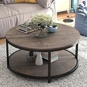 Round Coffee Table,2-Tier Rustic Wood Desktop