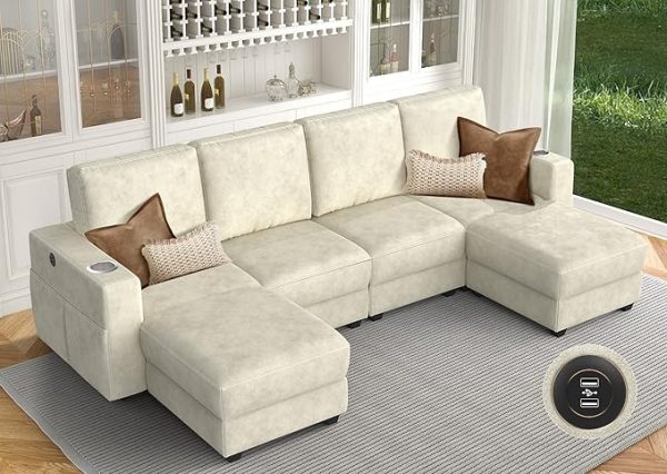 Sectional Sofa Couch with Storage, Oversized Modular Sofa U Shaped Couch 4 Seater-Beige
