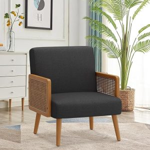 Accent Chair with Rattan Arms, Linen Comfy Lounge Chairs Side Chair, Black