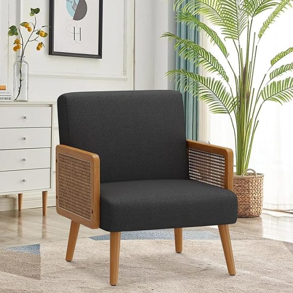 Accent Chair with Rattan Arms, Linen Comfy Lounge Chairs Side Chair, Black